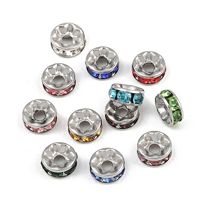 304 Stainless Steel Rhinestone Spacer Beads, Flat Round, Stainless Steel Color