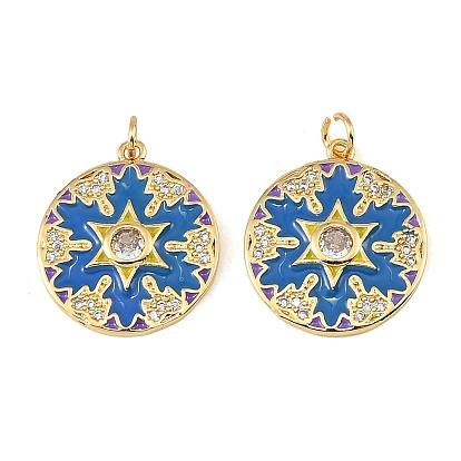 Brass Micro Pave Clear Cubic Zirconia Pendants, with Blue Enamel, Flat Round with Star Charms