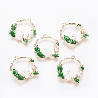 Colgantes de conejito de esmalte de aleación chapados en oro, anillo con conejo