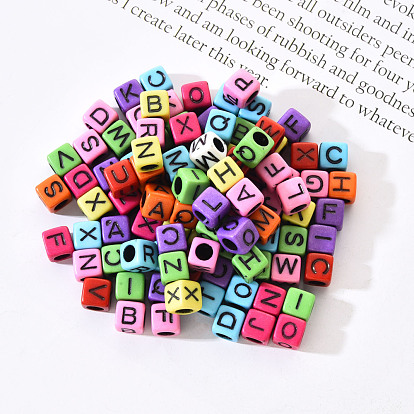 Mixed Color Opaque Acrylic Beads, Cube with Black Mixed Letter