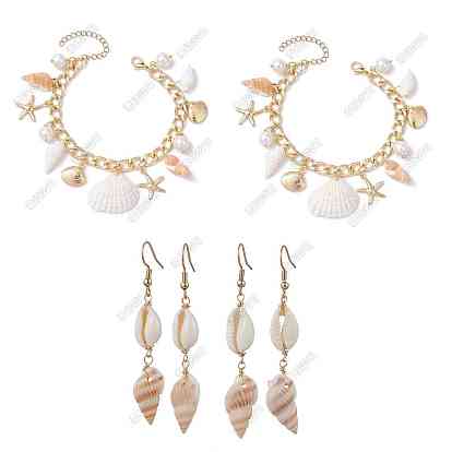 Aluminium Curb Chains Bracelets & 304 Stainless Steel Earring Dangle Earring, with Shell & Pearl