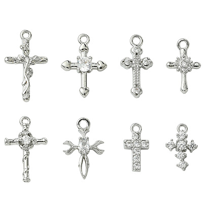 8 шт. 8 стили латунные микропаве прозрачные кубические циркониевые подвески, без кадмия, без никеля и без свинца, крестик