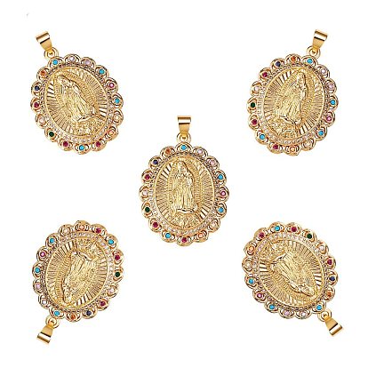 5 pcs laiton micro pavé pendentifs en zircone cubique colorée, plaqué longue durée, sans plomb et sans cadmium, ovale avec sainte vierge, religion
