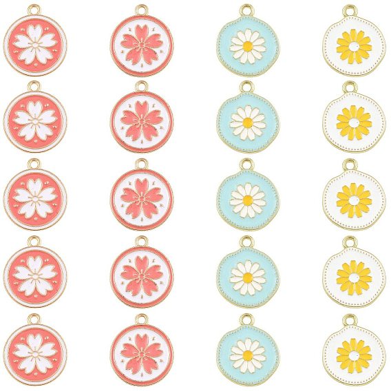 20 шт 4 стили подвески из сплава, с эмалью, золотой свет, плоская круглая подвеска с изображением ромашки сакура.