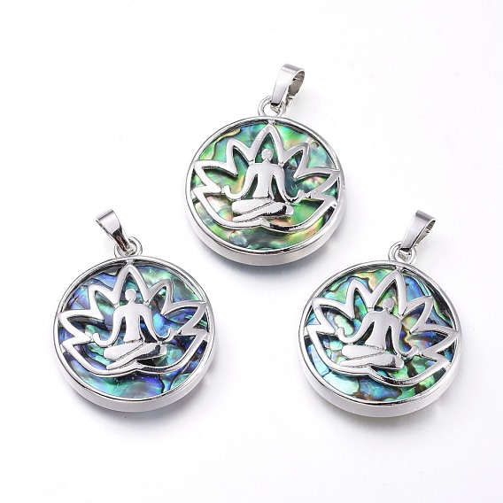 Natural Abalone Shell/Paua Shell Chakra Pendants, with Brass Findings, Flat Round with Yoga