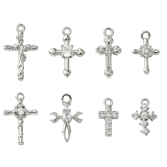 8 шт. 8 стили латунные микропаве прозрачные кубические циркониевые подвески, без кадмия, без никеля и без свинца, крестик