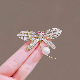 Fashion zircon dragonfly wings brooch female pearl luxury temperament corsage suit neckline anti-lost pin