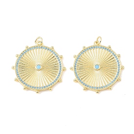 Pendentifs en laiton micro pavé de zircons cubiques bleu ciel, charmes rondes plates, crémaillère plaquage, plaqué longue durée, sans plomb et sans cadmium