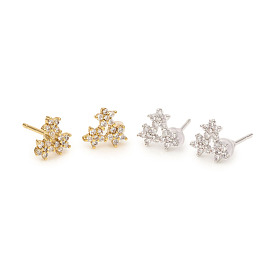 Brass Stud Earrings, with Clear Cubic Zirconia and Ear Nuts, Flower