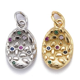 Brass Micro Pave Colorful Cubic Zirconia Pendants, Long-Lasting Plated, with Jump Rings, Oval