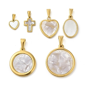 Oval/Heart/Flat Round/Cross Resin Imitation White Shell Pendants, Golden Tone 304 Stainless Steel Charms