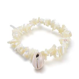 White Shell Chip Beads Charm Stretch Bracelets, with Cowrie Shell Pendants
