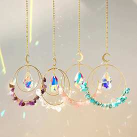 Electroplate Glass Teardrop Window Hanging Suncatchers, Natural & Synthetic Chips & Golden Brass Moon Pendants Decorations Ornaments