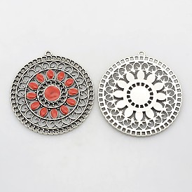 Антикварные серебряные тона сплава эмали подвески, плоско-круглые, 56x52x2.5 мм, отверстие : 2.5 мм