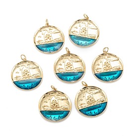 Brass Enamel Pendants, with Jump Rings, Long-Lasting Plated, Flat Round with Boat, Dark Cyan