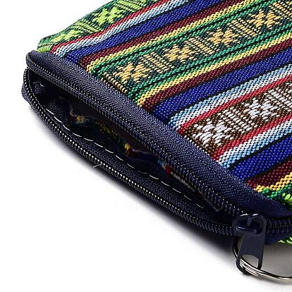 Bohemian Style Stripe Pattern Cotton Cloth Wallets, Change Purse, with Zipper & Iron Key Ring