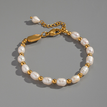 Браслеты из натурального пресноводного жемчуга и бусин из нержавеющей стали для женщин, рис, вакуумное покрытие pvd