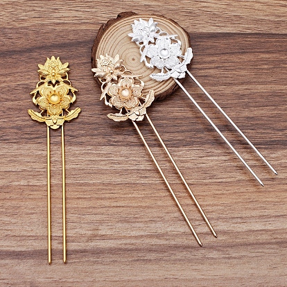 Hair Accessories Brass Hair Fork Findings, with Alloy Flower Filigree Findings