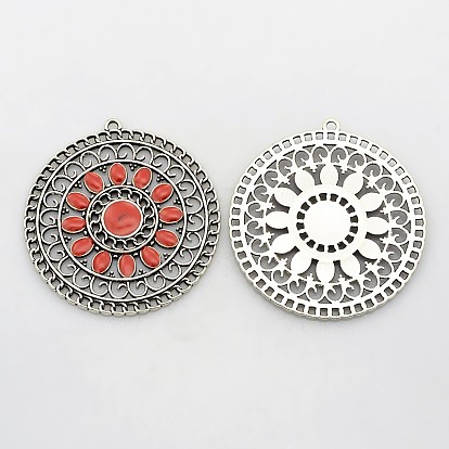 Антикварные серебряные тона сплава эмали подвески, плоско-круглые, 56x52x2.5 мм, отверстие : 2.5 мм