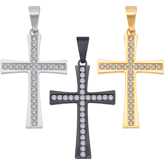 3 шт. 3 цвета 304 подвески из нержавеющей стали, крест очарование, со стразами, вакуумное покрытие pvd