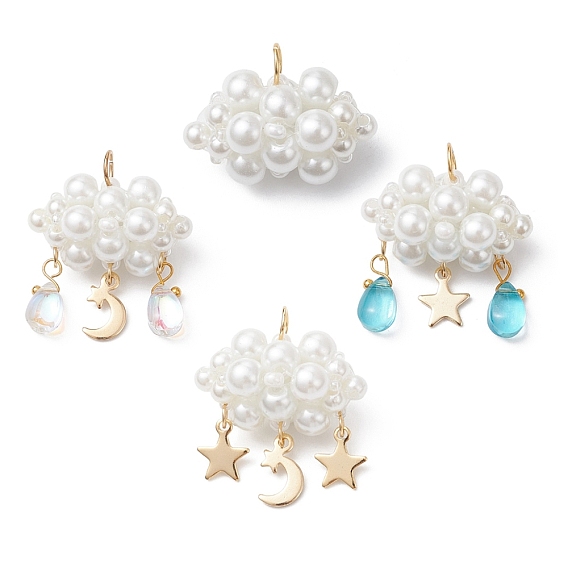 4Pcs Pearlized Glass Pearl Beads Pendants, Cloud, with 304 Stainless Steel Loop & Charms