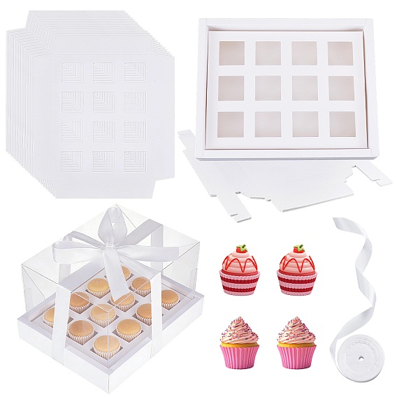 12 Sets Rectangle Foldable Kraft Paper Cake Box, Bakery Cupcake Packing Box, with PVC Clear Window, 1 Roll Polyester Ribbon