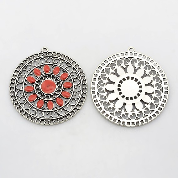 Антикварные серебряные тона сплава эмали подвески, плоско-круглые, 56x52x2.5 мм, отверстие : 2.5 мм