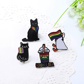 Cat/Goose/Drink with Pride Rainbow Flag/Scarf Enamel Pins, Golden Alloy Brooch