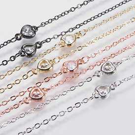 Handmade Brass Beaded Chains, Soldered, with Faceted Cubic Zirconia Links, Heart