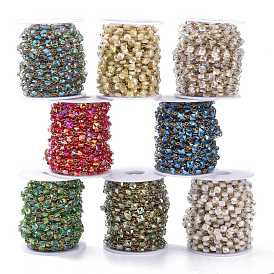 Handmade Chains, with Golden Brass Eye Pin and AB Color Plated Transparent Glass Beads and Spool, Cube, Unwelded
