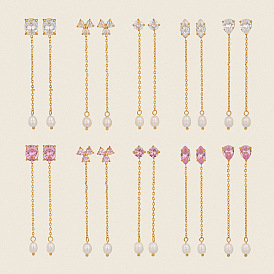 304 серьги-гвоздики с кисточками из нержавеющей стали и кубическим цирконием, с имитацией жемчуга, реальный 18 k позолоченный