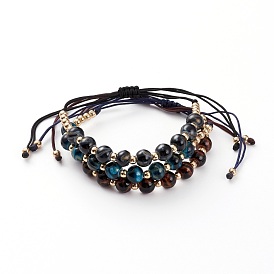Adjustable Nylon Cord Braided Bead Bracelets, with Gold Sand Lampwork Beads and Brass Beads, Round, Golden