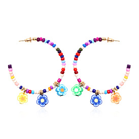 Minimalist Geometric C-Shaped Beaded Earrings with Handmade Colorful Floral Drops for Women