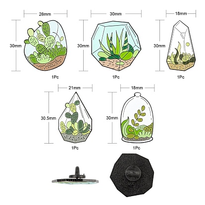 5Pcs 5 Style Creative Zinc Alloy Brooches, Enamel Pin, with Iron Butterfly Clutches or Rubber Clutches, Electrophoresis Black Color, Cactus & Plant