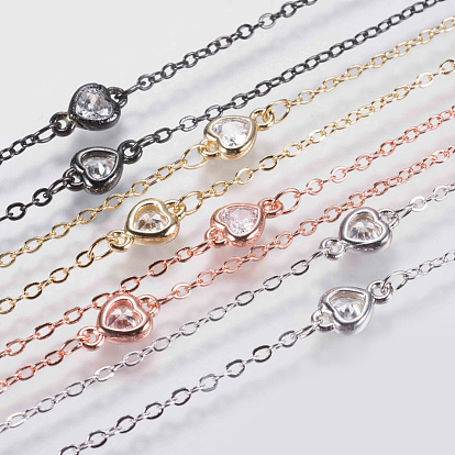 Handmade Brass Beaded Chains, Soldered, with Faceted Cubic Zirconia Links, Heart