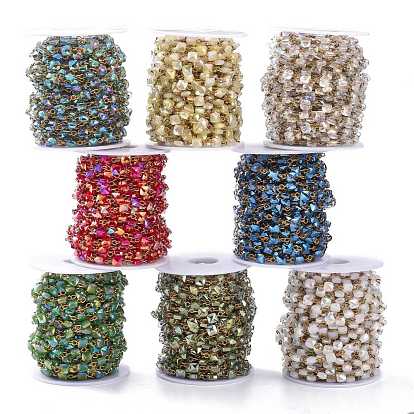 Handmade Chains, with Golden Brass Eye Pin and AB Color Plated Transparent Glass Beads and Spool, Cube, Unwelded