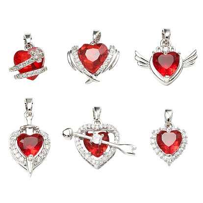 6шт. 6 стили латунные подвески с кубическим цирконием, сердце