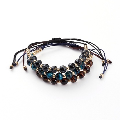 Adjustable Nylon Cord Braided Bead Bracelets, with Gold Sand Lampwork Beads and Brass Beads, Round, Golden