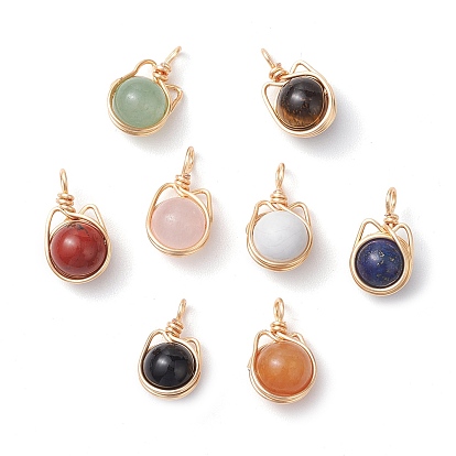 8Pcs Natural Rose Quartz & Tiger Eye & Howlite & Black Onyx & Red Aventurine & Red Jasper & Lapis Lazuli & Green Aventurine Copper Wire Wrapped Pendants, Cat Shaped Charm Sets, Golden