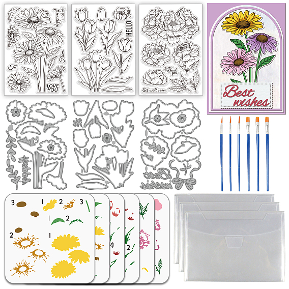 Инструменты для скрапбукинга своими руками на цветочную тематику, включая пластиковую кисть, пвх штампы, Углеродистая сталь разрезает трафареты, Пластиковый карман для счета-фактуры и трафареты для рисования с выемкой для животных
