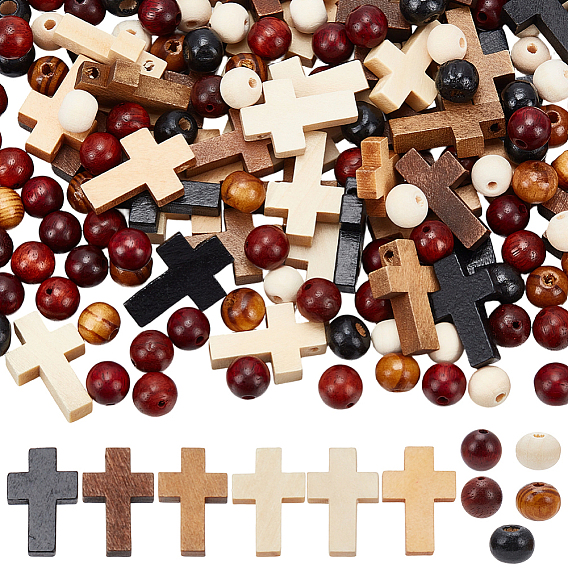 DIY Jewelry Making Findings Kits, Including Wood Pendants & Beads, Round & Cross