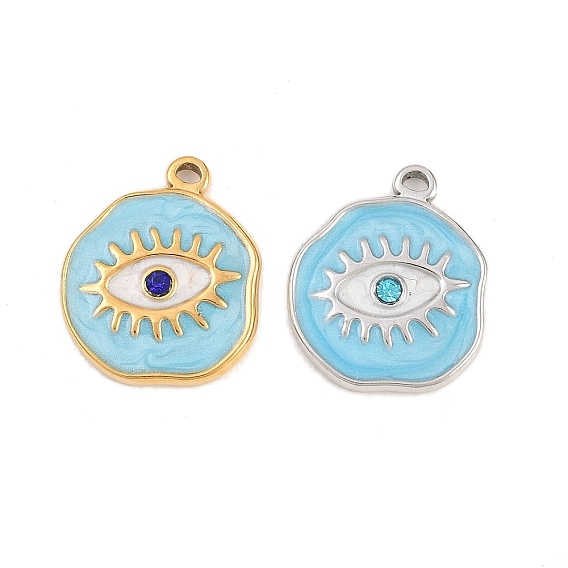 304 нержавеющей стальной эмали подвески, плоский круглый с подвесками для глаз, со стразами, ионное покрытие (ip)