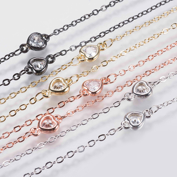 Handmade Brass Beaded Chains, Soldered, with Faceted Cubic Zirconia Links, Heart