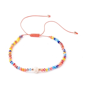 Adjustable Natural Pearl Beads Nylon Thread Braided Bead Bracelet, with AB Color Plated Glass Beads