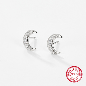 Rhodium Plated Moon Shape 925 Sterling Silver Cubic Zirconia Stud Earrings for Women
