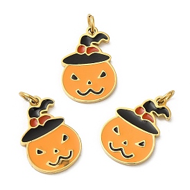 Halloween Ion Plating(IP) 304 Stainless Steel Charms, with Enamel and Jump Ring, Golden, Pumpkin with Hat Charm