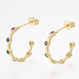 Brass Cubic Zirconia Stud Earrings, Half Hoop Earrings, with Ear Nuts, Colorful