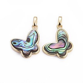 Natural Abalone Shell/Paua Shell Pendants, with Brass Findings, Butterfly