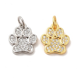 Rack Plating Brass Micro Pave Cubic Zirconia Charms, Dog Paw Print Charm, with Jump Ring, Long-Lasting Plated, Lead Free & Cadmium Free
