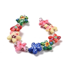 Handmade Polymer Clay Beads Strands, with Seed Beads, Starfish with Flower Pattern